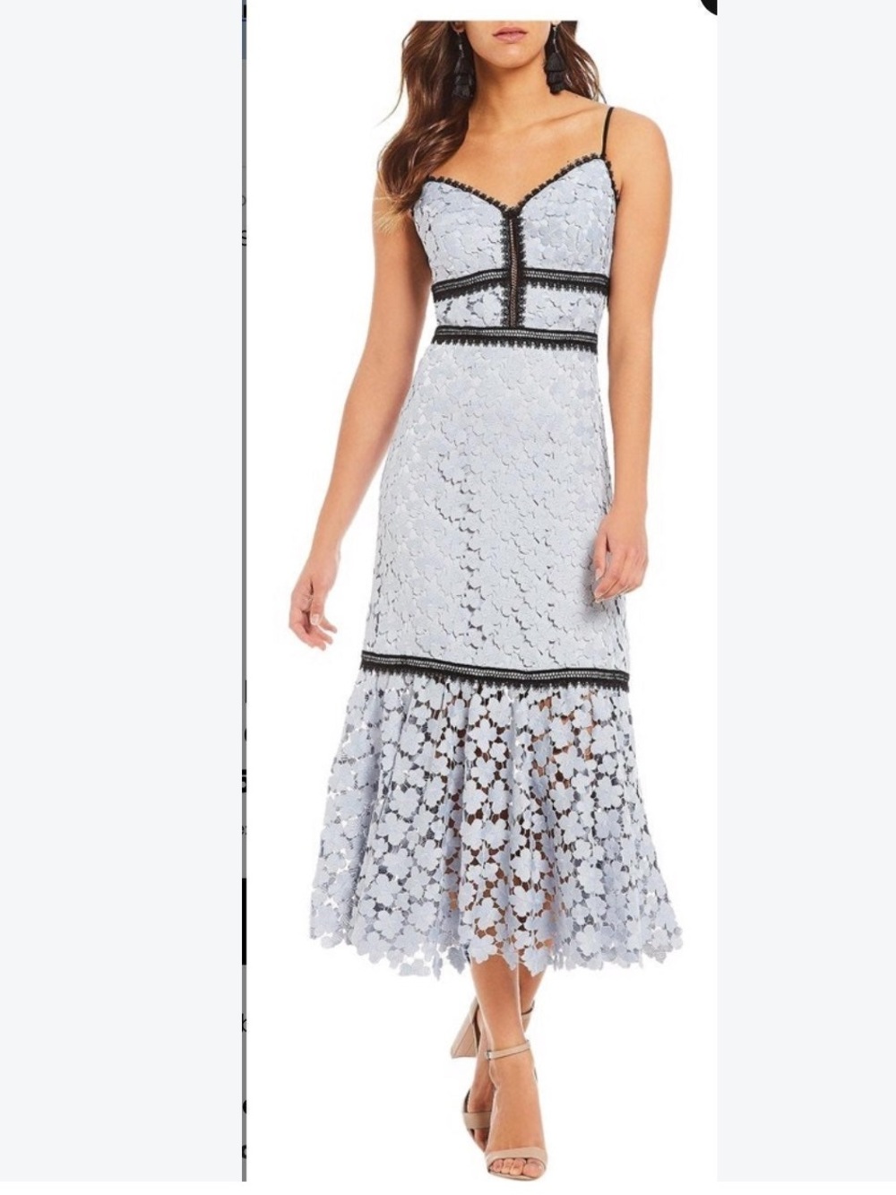 🔥 Jill by Jill Stuart Powder Blue Lace Midi Dress with Black Trim US 4 EUC